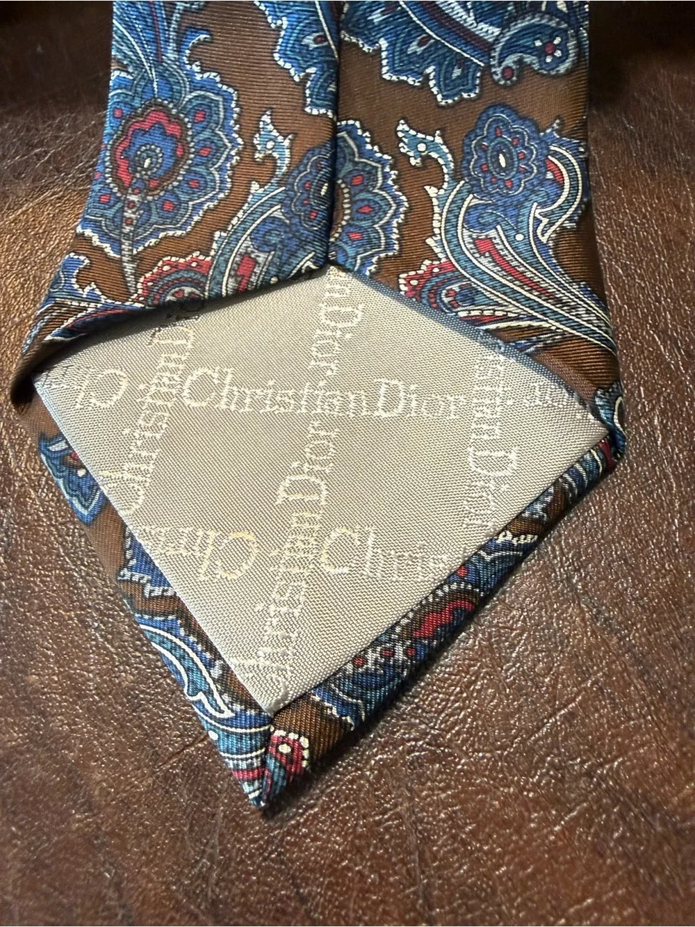 Vintage 90’s Christian Dior Monsieur Men’s Brown Blue Paisley 100% Silk Tie